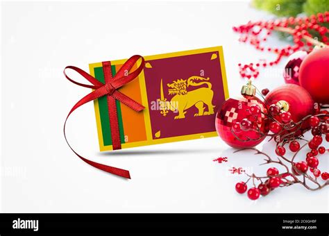 Sri Lanka Flag On New Year Invitation Card With Red Christmas Ornaments
