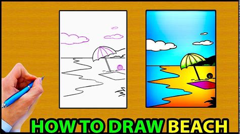 How To Draw A Scenery Of Sea Beach Step By Step Youtube