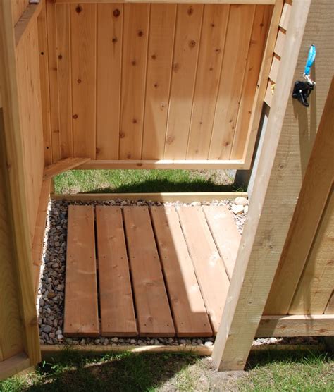 Outdoor Shower Plans - Cedar Outdor Shower Floor with ... A finished shower floor's tile, grout and caulking directs most of the water toward the drain opening.