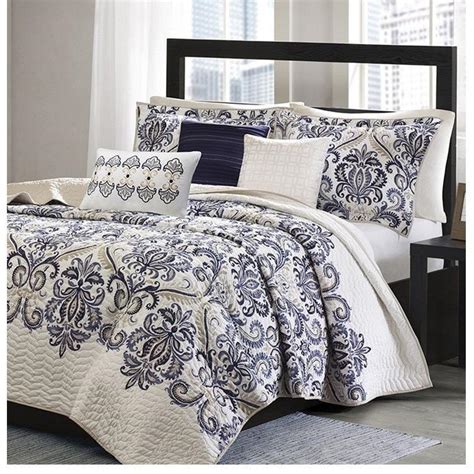 mesa navy blue  white damask quilt bedding set sky iris