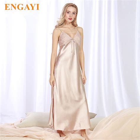 engayi brand long women summer night dress plus size sexy lace nightgown silk satin nightdress
