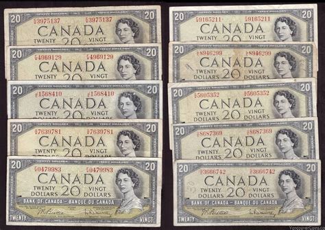 10x 1954 Canada 20 Banknotes 10 Notes 200 Face Value All Circulated