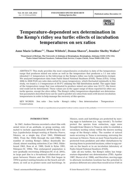 Temperature Dependent Sex Determination In The Kemps Ridley Docslib