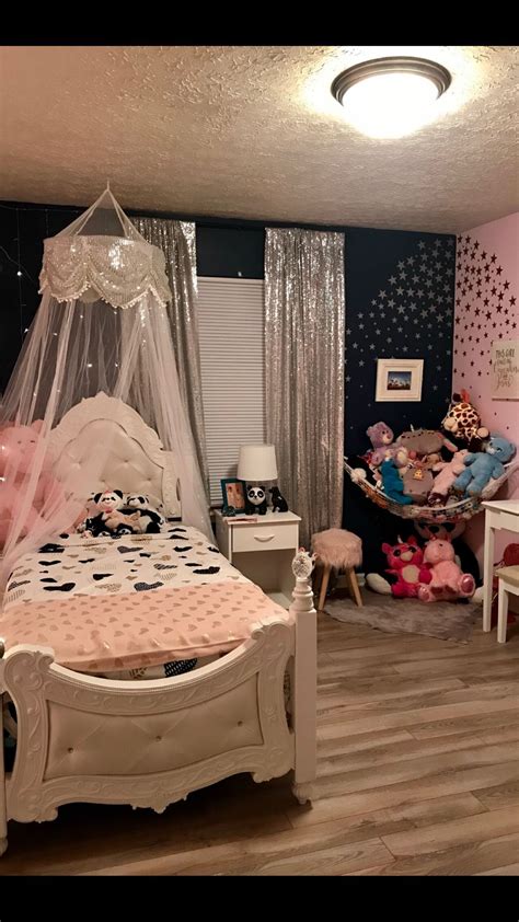 Our daughter's room in the pictures is lavender dream.. Girls navy blue and pink bedroom. Light wall, stuffed animal corner, glitter walls, sequence ...