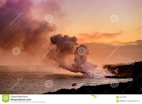 Lava Pouring Into The Ocean Creating A Huge Poisonous Plume Of Smoke At