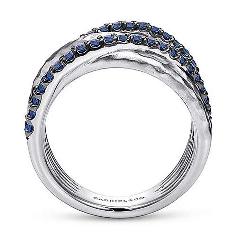 Sterling Silver Hammered Wide Band Layered Sapphire Ring By Gabriel And