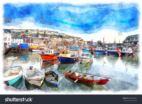 Watercolor Painting Boats Harbour Mevagissey Cornwall Stock