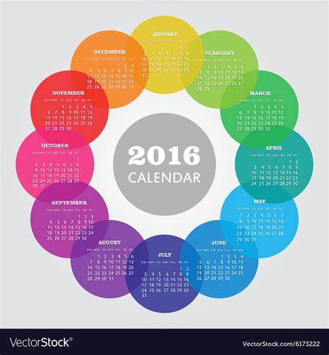 Calendar 2016 Year With Colored Circle Royalty Free Vector