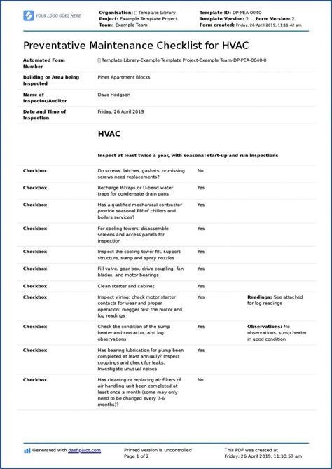 √ Free Printable Hvac Maintenance Checklist Template Checklist Templates
