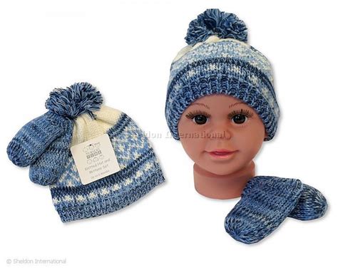 Baby Boys Knitted Pom Pom Hat And Mitten Set With Lining Wholesale