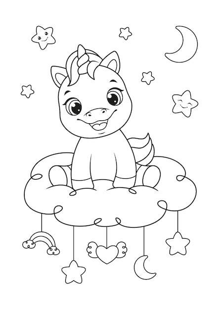 Premium Vector Happy Baby Unicorn Sitting On The Cloud Coloring Page