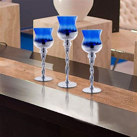 Tulip Hurricane Candle Holders Set Of 3 Blue And Silver Glass Twisted