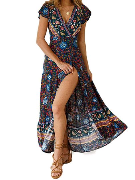 focusnorm focusnorm women s summer short sleeve floral print maxi dress bohemian beach waist