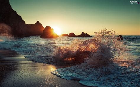 Sea Rocks Sunrise Waves Beautiful Views Wallpapers 1920x1200