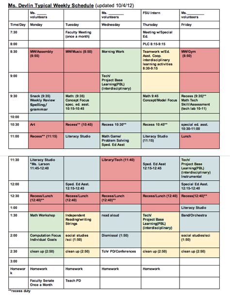 Weekly Pattern A Typical Schedule Teach Children Well