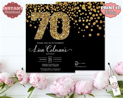 Diy 70th Birthday Confetti Invitation Printable Template Black Gold