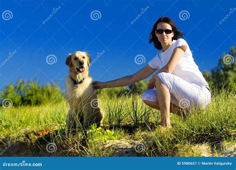 Young Woman And A Dog Sitting Stock Image Image Of Smiling Female