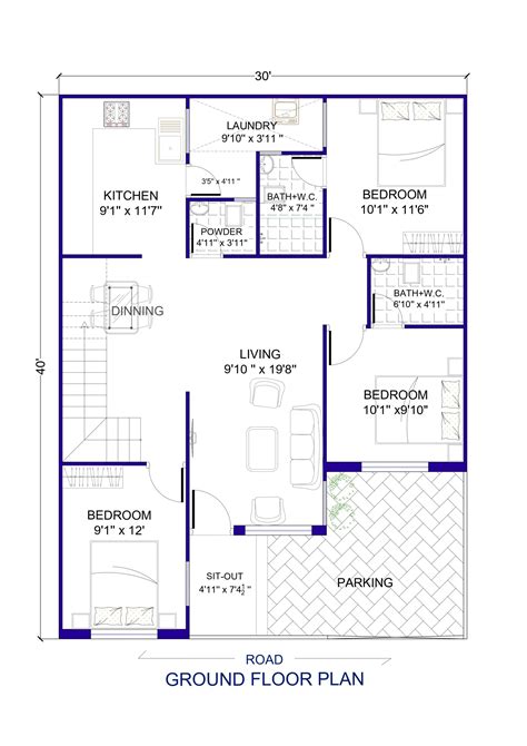 30 X 40 House Plan 3bhk 1200 Sq Ft Architego
