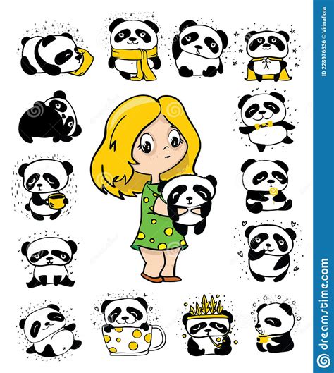 Cute Girl And Set Of Doodle Pandas Perfect For Kids Cards Posters And