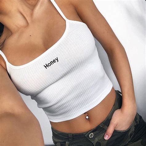 Sexy Straps Honey Embroidery Short Camis Women Cropped Female White