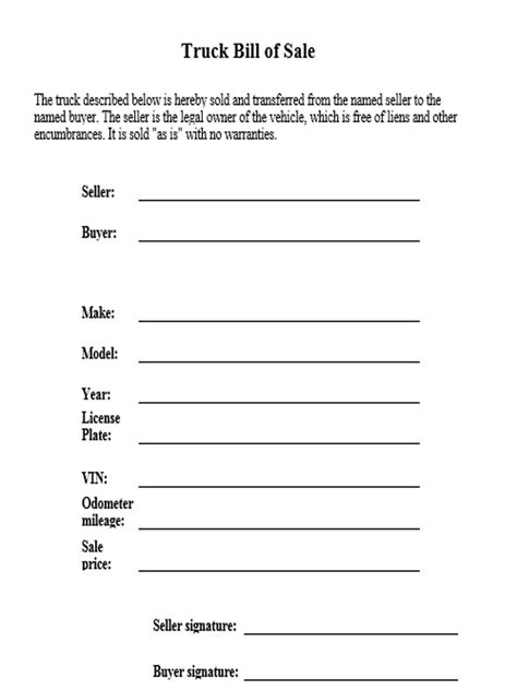 Free Printable Bill Of Sale For Truck