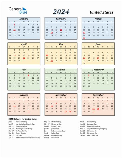 2024 United States Calendar With Holidays