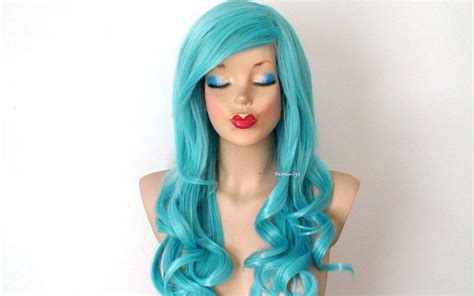 26 Pastel Teal Blue Long Curly Hair Long Side Bangs Wig Kekewigs