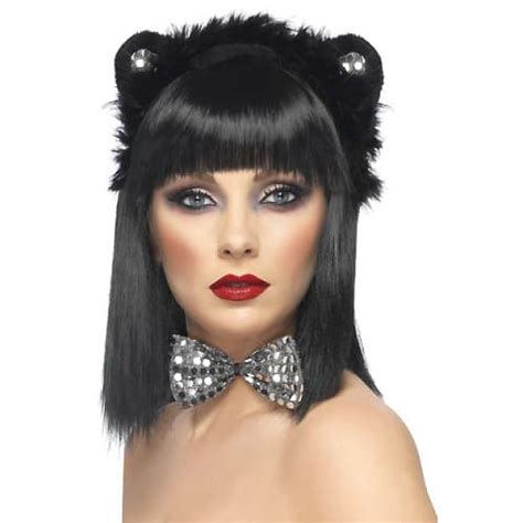 Black Sequinned Cat Ears And Bowtie Instant Fancy Dress Kit