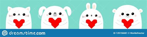 Happy Valentines Day White Cat Kitten Bear Dog Puppy Rabbit Hare Head