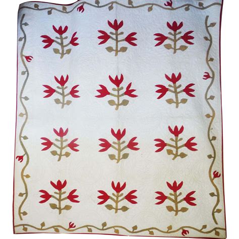 1800's Applique Quilt- Tulip Sprigs vine border- amazing quilting | Applique quilts, Vintage ...