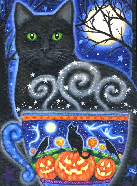 A Painting Of A Black Cat Sitting On Top Of A Cup With Pumpkins In It