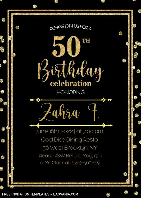 Black And Gold 50th Birthday Invitation Templates Editable With Ms Word Free Printable
