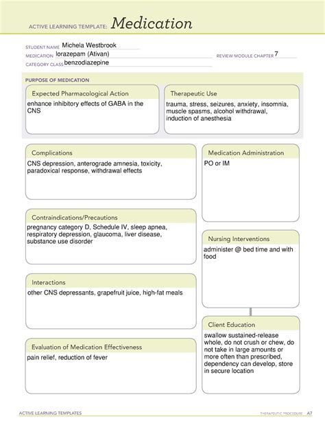 Ati Medication Template Lorazepam Active Learning Templates