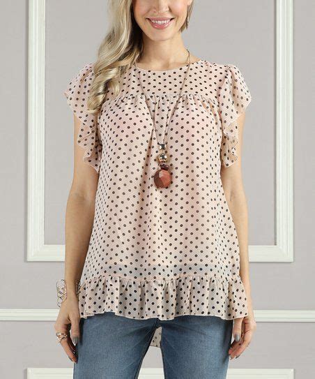 Suzanne Betro Taupe Rose And Black Polka Dot Chiffon Flutter Sleeve Tunic