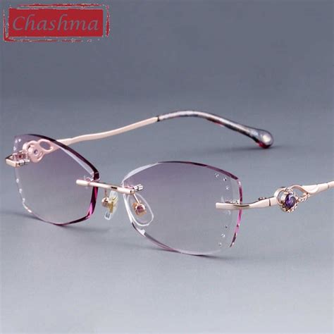 Chashma Brand Eyeglasses Diamond Trimmed Rimless Glasses Titanium Fashionable Lady Eye