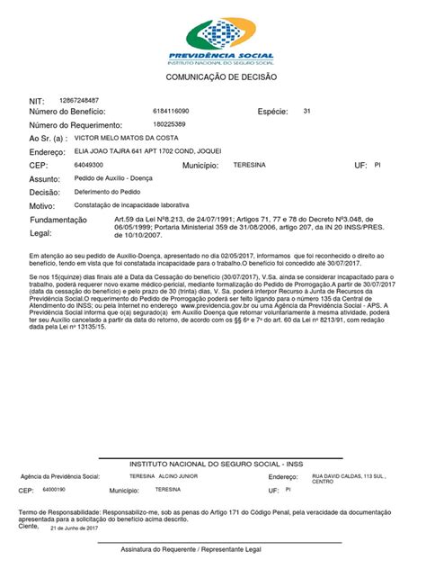 Carta Concessão Auxilio Inss  Aposentadoria  Informação Governamental