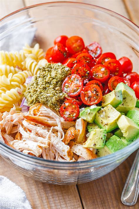 It only requires an onion, some garlic, a bit of oil (which i now know can be obtained. Chicken Pasta Salad Recipe with Pesto, Avocado, and Tomato ...