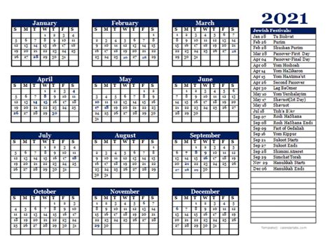 2021 Jewish Festivals Calendar Template Free Printable Templates