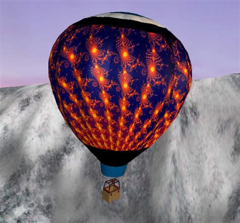A Hot Air Balloon Flying In The Sky With Red And Blue Designs On Its Side
