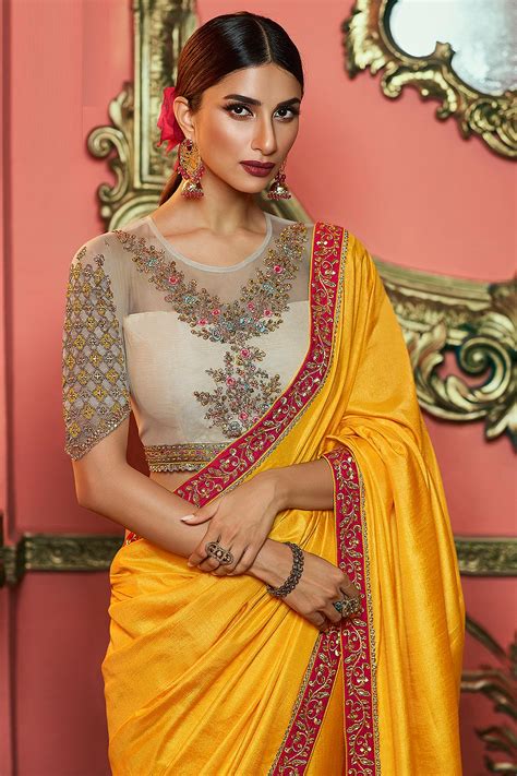 Buy Mustard Zari Embroidered Silk Saree Online Like A Diva
