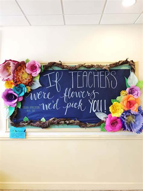 Teacher Appreciation bulletin board - flower theme; tissue paper and