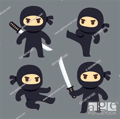Cute Cartoon Ninja With Katana Sword Martial Arts Poses Stock Vector