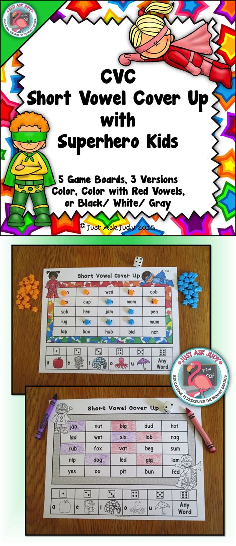 Esl classroom games for beginner english class. Phonics Short Vowel Game Cover Up with Superhero Kids ...