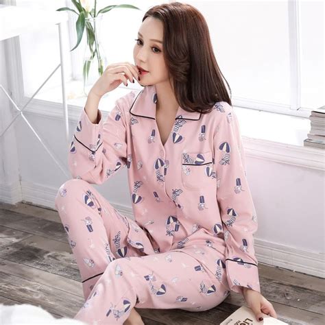 Pajama Set Woman All Cotton Turn Down Collar Long Sleeved Pants Pyjamas Women Cartoon Printing