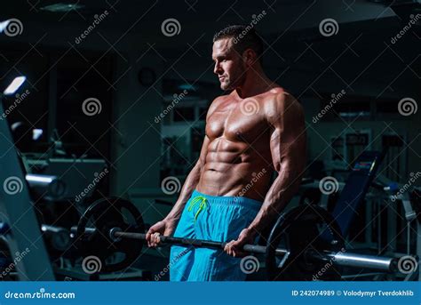Sport Man Doing Biceps Lifting Barbell Muscular Man Working Out In Gym Doing Exercises Strong