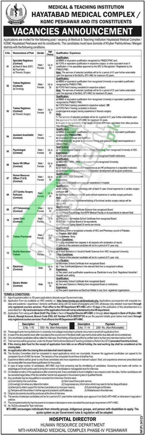 Hayatabad Medical Complex Peshawar Jobs 2023 Online Application Form