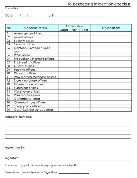 Workplace Housekeeping Inspection Checklist For Factory