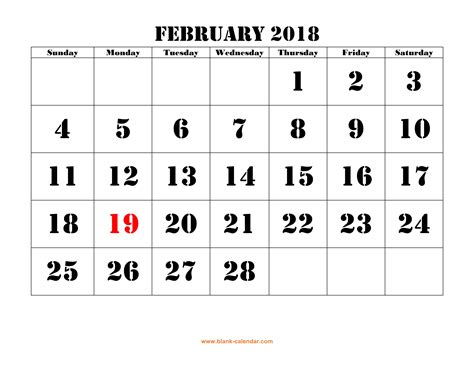 Free Download Printable February 2018 Calendar Large Font Design