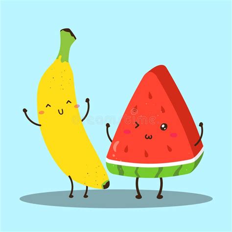 Cute Happy Fresh Banana And Watermelon Vector Design Stock Illustration