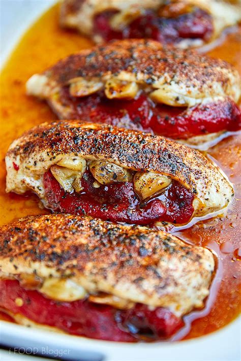 4 boneless skinless chicken breasts, pounded to 1/2 inch thickness lowry's seasoning salt 6 bacon slices 1/4 cup regular mustard 1/3 cup honey 2 tbsp. Roasted Pepper and Garlic Baked Stuffed Chicken Breast - i ...